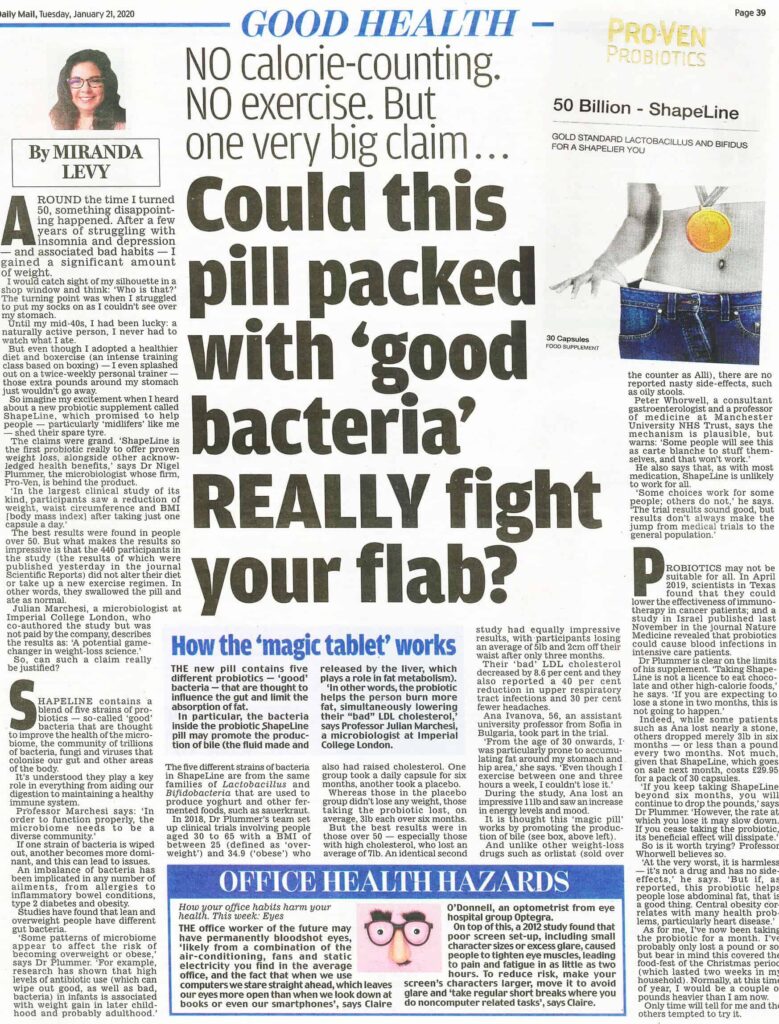 Daily Mail article on ShapeLine probiotic from ProVen