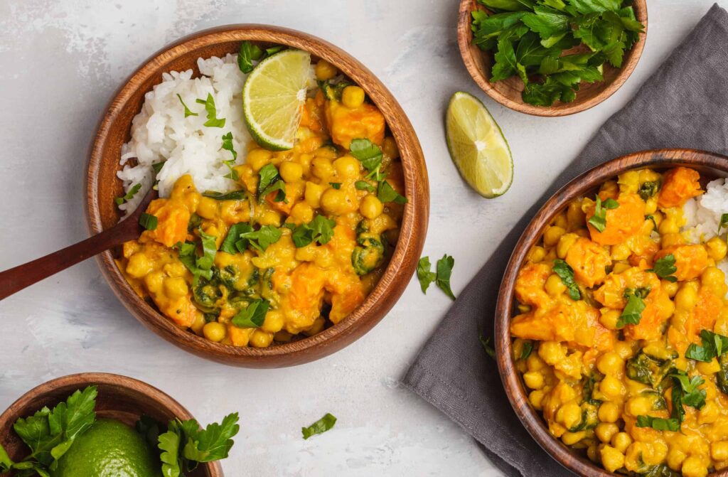 Sweet potato and chickpea curry with lime and rice