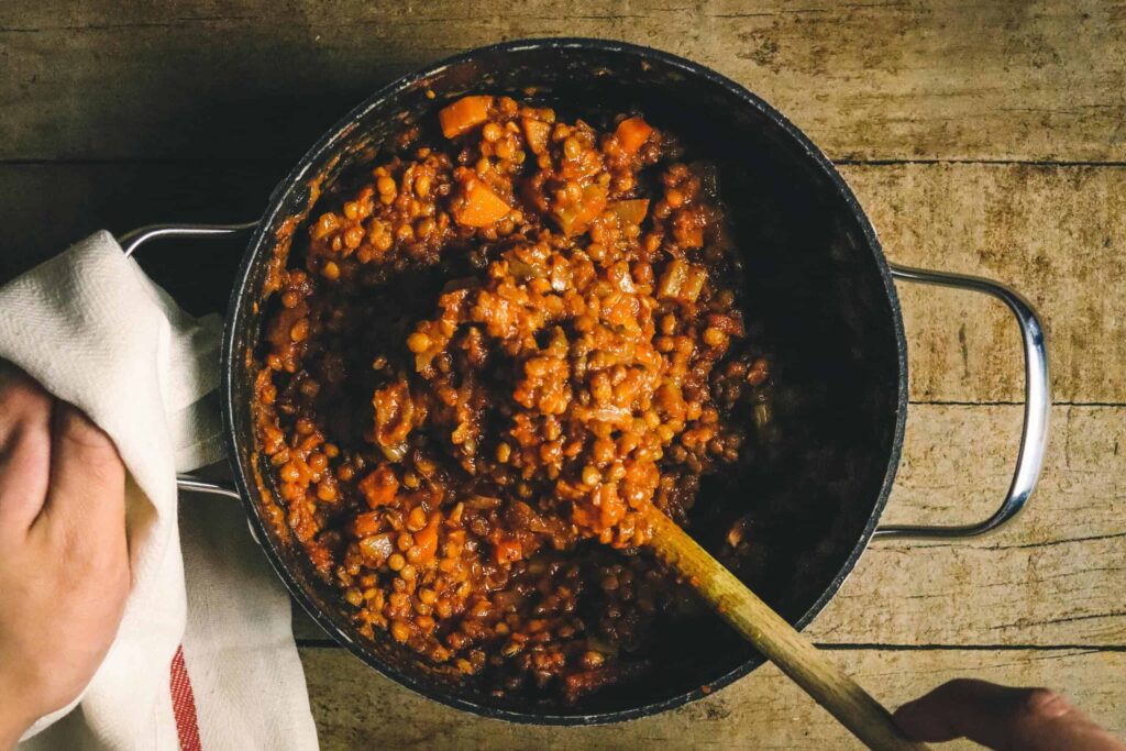 Pan of lentil bolognaise for Veg Pledge month